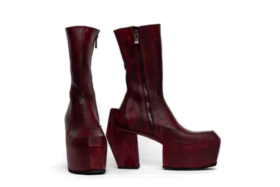 high heeled platform boots in red
